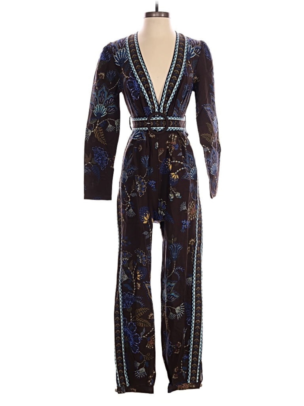 Farm Rio Black Jumpsuit with Blue Floral Embroidery and Belt